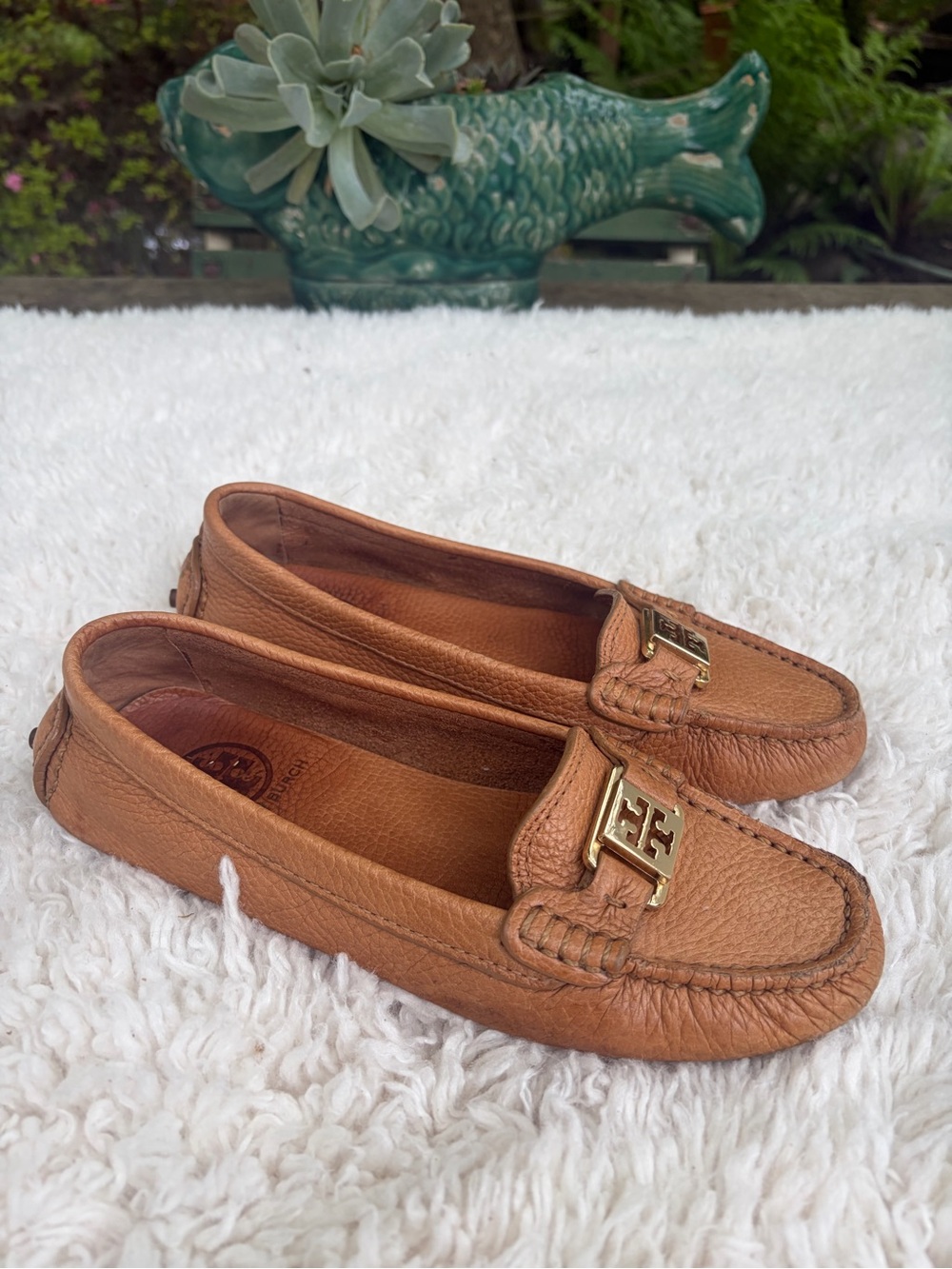 Tory Burch Cognac Leather Moccasin Loafers with Gold Logo